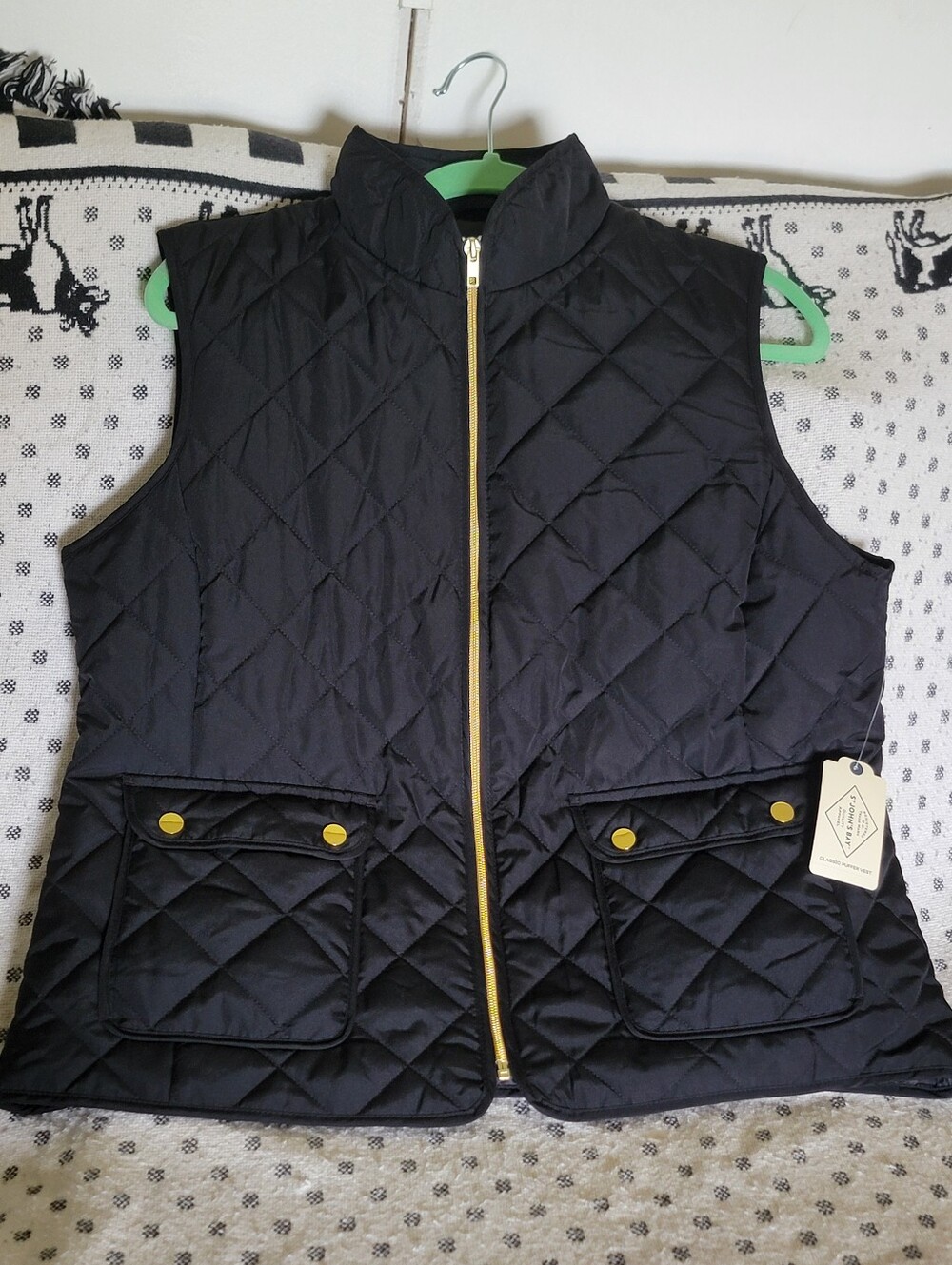 NWT St. John's Bay Black Quilted Diamond Puffer Vest Gold Hardware Size L